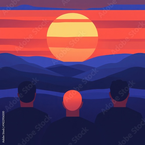 Obraz na płótnie Three Silhouetted Figures Watching a Vibrant Sunset Over Rolling Hills with Gradients of Purple and Orange in a Calm Scenic Landscape w salonie