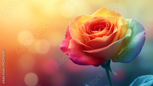 Vivid multicolored rose with green yellow and red petals glows in soft focus against a warm gradient backdrop symbolizing diversity unity transformation and the beauty of unconventional growth


