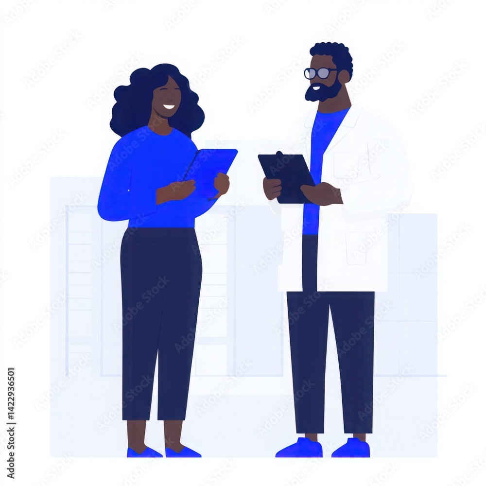 Two professionals engaging in a collaborative discussion, showcasing teamwork and technology in a modern workspace setting, emphasizing diversity and innovation