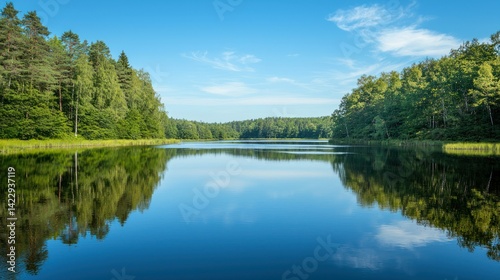 A pristine lake or river with crystal-clear water, surrounded by lush greenery, reflecting a peaceful and clean environment.