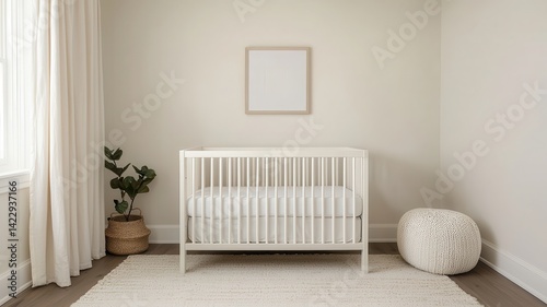 Baby room with soft curtains concept. Modern nursery with a crib and minimal decor.