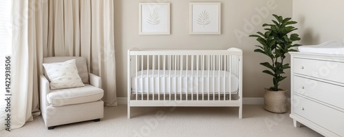 Baby room with soft curtains concept. Cozy and stylish nursery with a crib and nature decor.