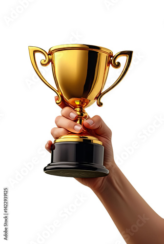  a hand firmly holding a gleaming gold trophy cup aloft against a plain white background.
