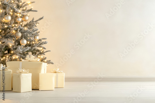 Elegant Christmas tree with gold ornaments and wrapped presents in cozy setting photo