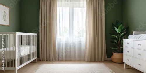 Baby room with soft curtains concept. Cozy nursery with green walls and natural light.