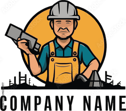 Construction worker holding a camera ready to document the jobsite. A cartoon illustration of a construction worker in a hard hat holding a camera and wearing work overalls