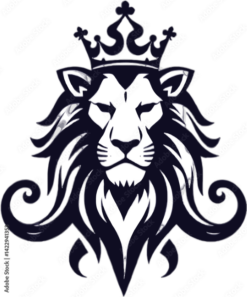 Obraz premium Majestic Lion with Crown Logo Design. A stylized raphic of a lion's head wearing a crown, set against a deep black background