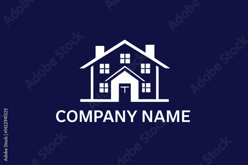 Simple Modern House Logo on a Dark Background. This minimalist logo features a white house silhouette against a deep navy blue background