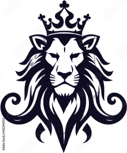 Majestic Lion with Crown Logo Design. A stylized raphic of a lion's head wearing a crown, set against a deep black background