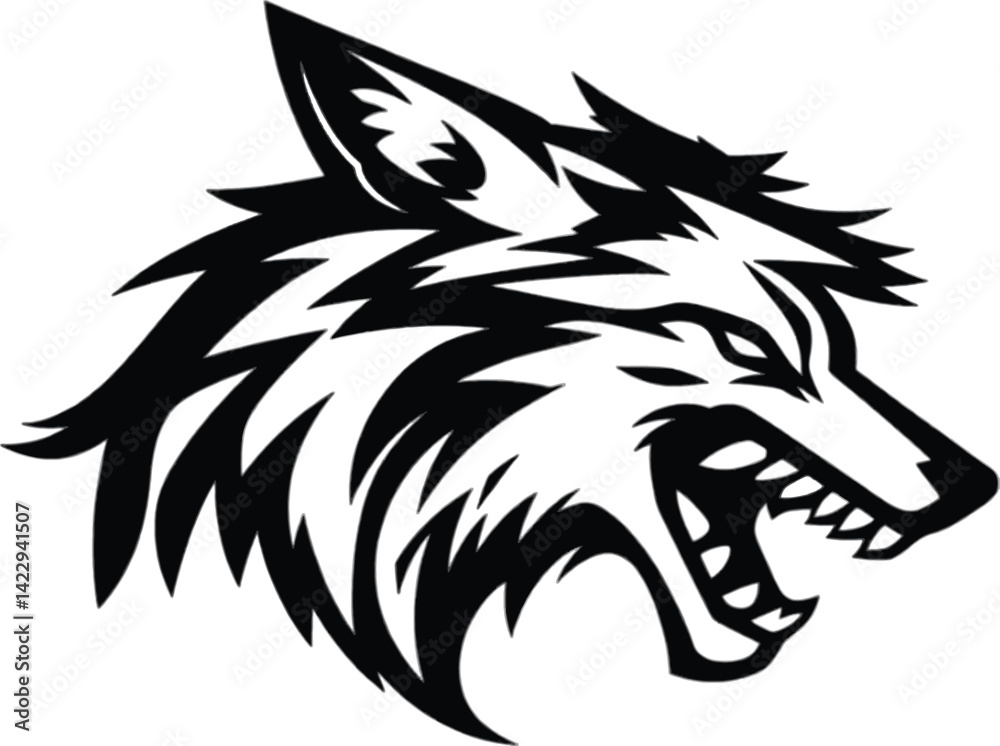 Fototapeta premium Powerful Wolf Silhouette Design for Logo or Graphic Use. A bold line art silhouette of a wolf's head rendered in a dramatic dark style