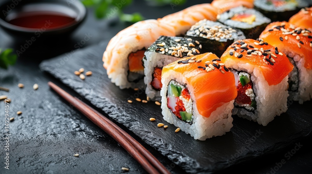 sushi sets on black slate plates with red and black background soya sauce in bowl chopsticks - stock photo sushi sets on black slate plates with red and black background soya sauce in bowl chopsticks - stock photo