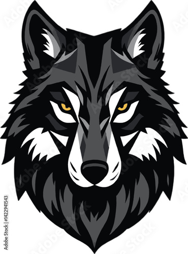 Powerful Wolf Head Logo Against Black Background. A stylized close-up image of a wolf's head rendered in shades of gray and white against a solid black background