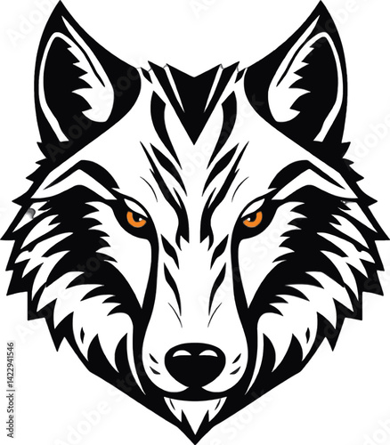 Powerful White Wolf Head Logo Design on Black Background. A bold graphic design of a wolf's head rendered in black and white set against a striking black background