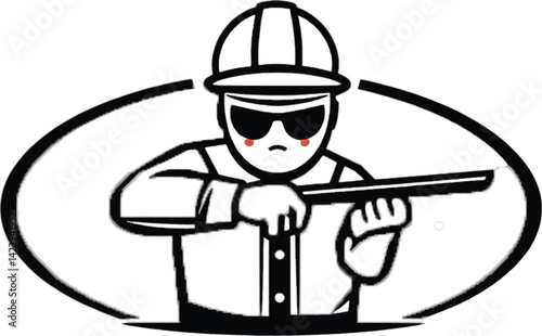 Silhouette of a security guard aiming a weapon. A stylized black and white silhouette of a security guard likely a guard or watchman depicted in a strong focused pose aiming a long gun