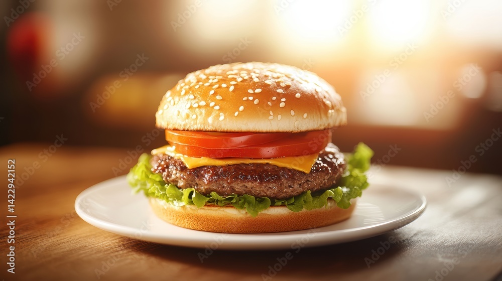 A close-up of a gourmet burger on a white plate, illuminated by soft studio lighting A close-up of a gourmet burger on a white plate, illuminated by soft studio lighting