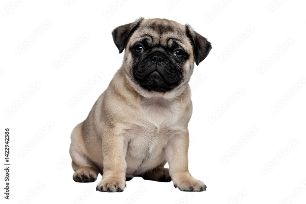 Obraz premium Pug Puppy's Sweet Gaze: The adorable pug puppy sits attentively, its endearing wrinkled face and expressive eyes radiating charm, offering a captivating display of puppy cuteness.