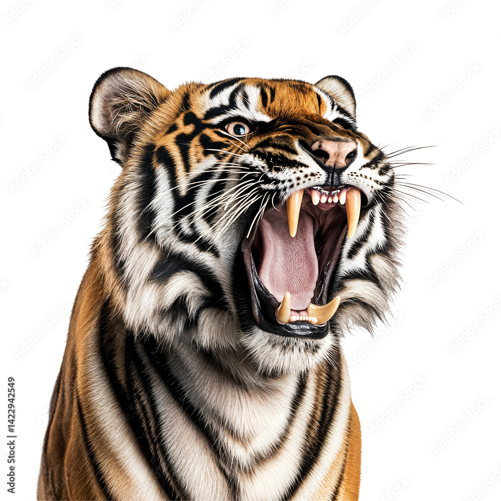 Fototapeta premium Close-up of an angry roaring tiger with bared teeth isolated on transparent background