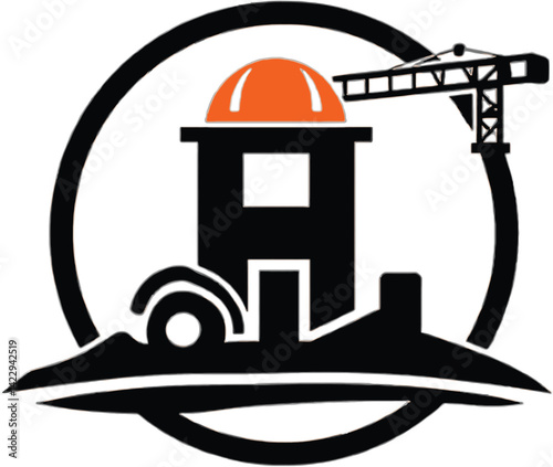 Construction logo design featuring a building safety helmet and crane. A simple impactful logo design