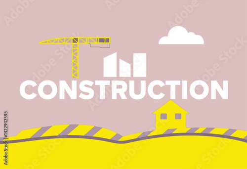 Construction site illustration featuring a crane and a house. This simple flat illustration depicts a construction site with a yellow crane building all set against a light mauve background