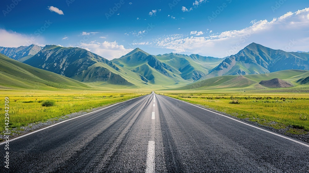 Naklejka premium Asphalt Road Leading to Majestic Mountain Range