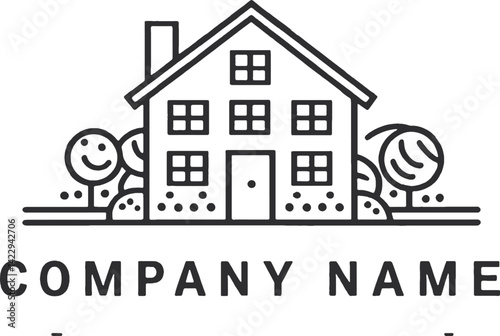 Simple Line Art Illustration of a House and Garden. This minimalist graphic design showcases a house with a garden depicted in simple line art against a dark background