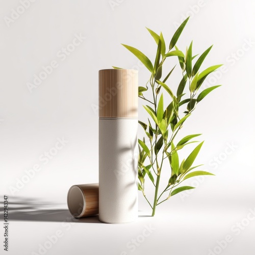 Wallpaper Mural Minimalist Skincare: Bamboo & White Bottle Torontodigital.ca