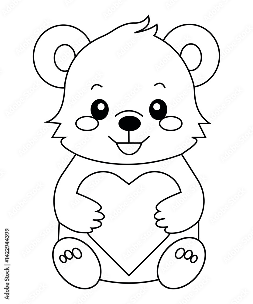 Naklejka premium Cute Bear Holding Heart Coloring Page for Kids