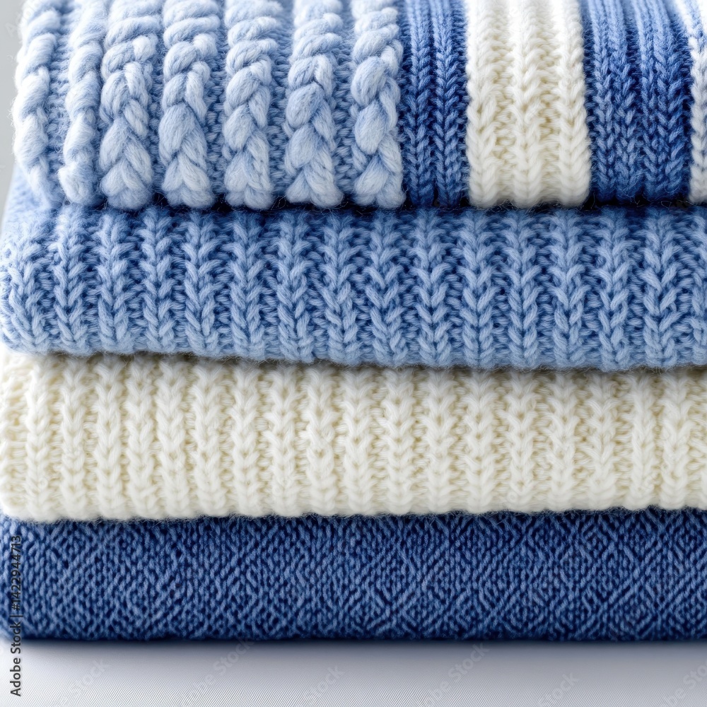 Stack of knitted sweaters in varying shades of blue and cream Stack of knitted sweaters in varying shades of blue and cream