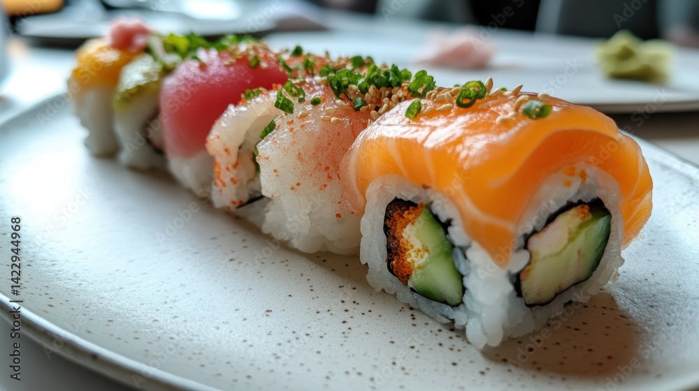 A top-down view of a plate of sushi on a clean white table, illuminated with soft lighting A top-down view of a plate of sushi on a clean white table, illuminated with soft lighting