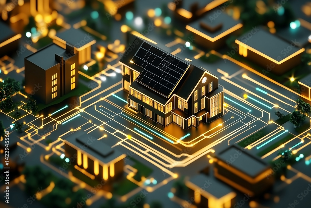 Obraz premium Concept of a Smart Home 3D Illustration of a Circuit Board with a Miniature House and Connected Wires