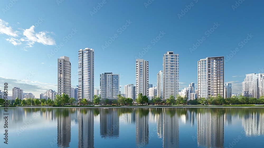 Modern cityscape reflected in water, creating a serene and captivating urban panorama Modern cityscape reflected in water, creating a serene and captivating urban panorama