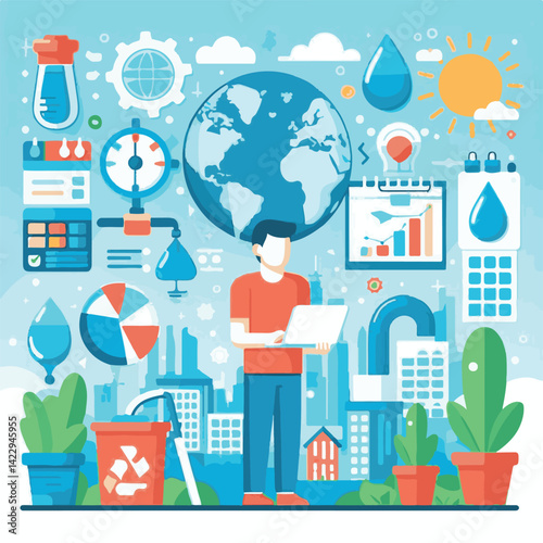 monitoring, world, water, day, clean, background, save, banner, awareness, global, nature, earth, health, september, design, care, protection, environment, globe, blue, natural, drop, illustration, li