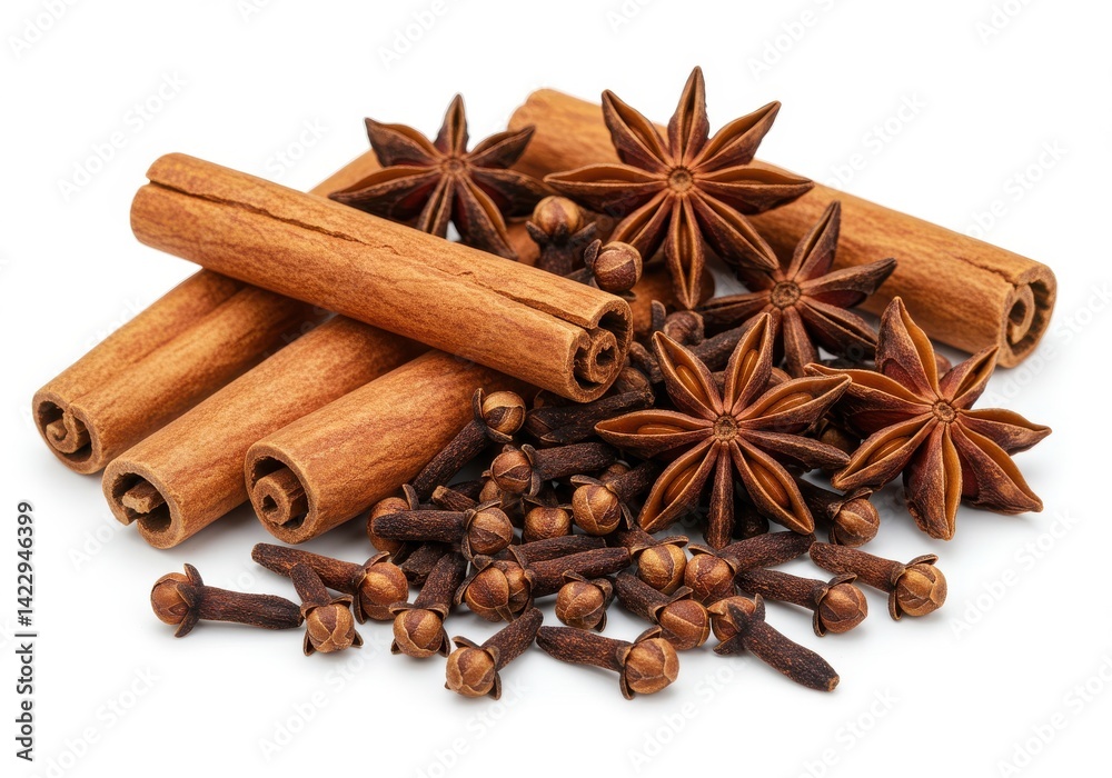 Aromatic spices arrangement cinnamon sticks star anise and cloves on a white surface close up view still life Aromatic spices arrangement cinnamon sticks star anise and cloves on a white surface close up view still life
