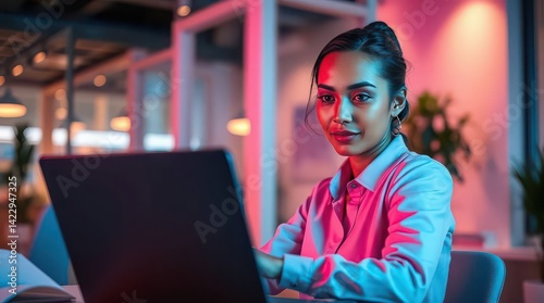 Wallpaper Mural Young woman working on a laptop in a modern office with pink and blue neon lighting at night time Torontodigital.ca