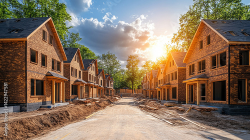 
Wooden terraced houses under construction in a suburban area symbolizing growth new beginnings and expansion with a clear blue sky highlighting opportunity and transformation in modern development

