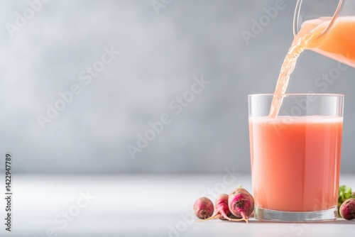 Refreshing juice poured into clear glass, showcasing vibrant col