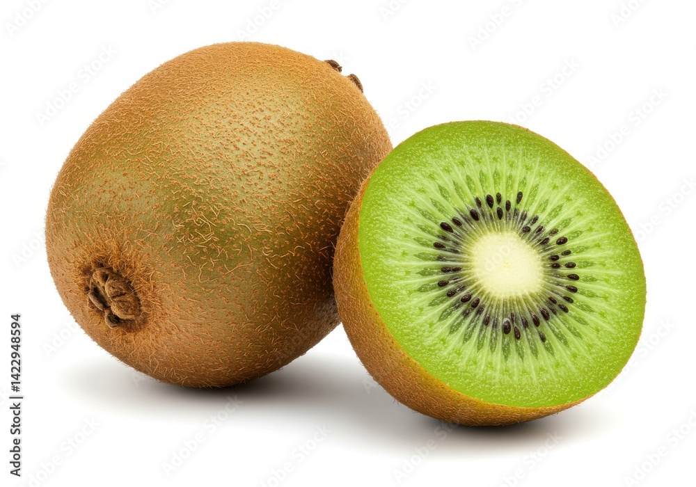 A whole kiwi fruit and a halved kiwi fruit on a white surface in a studio setting close up view A whole kiwi fruit and a halved kiwi fruit on a white surface in a studio setting close up view