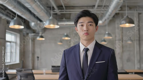 Wallpaper Mural Portrait of a young Asian businessman in a suit standing in a modern open office space with exposed ductwork and hanging lights. Torontodigital.ca