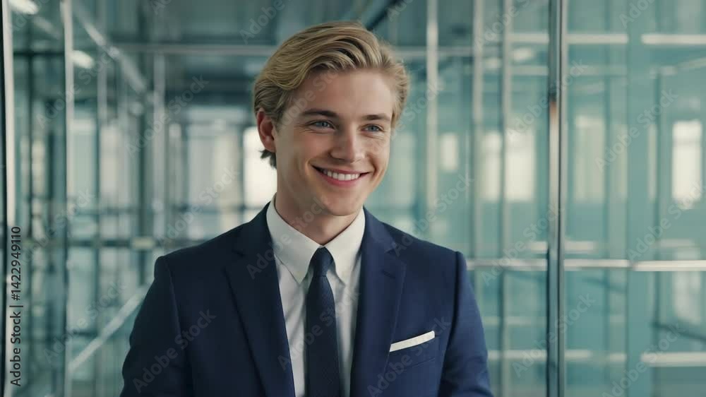 Young adult smiles in modern business setting with confident demeanor wearing formal attire, in an office, portrait. Young adult smiles in modern business setting with confident demeanor wearing formal attire, in an office, portrait.