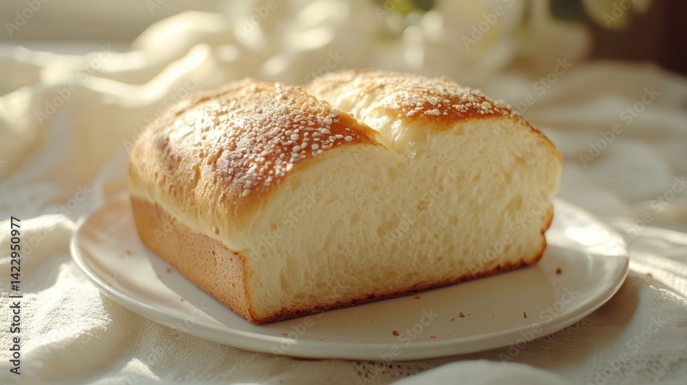 A close-up of a freshly sliced white bread on a clean white plate, captured under soft, natural light A close-up of a freshly sliced white bread on a clean white plate, captured under soft, natural light