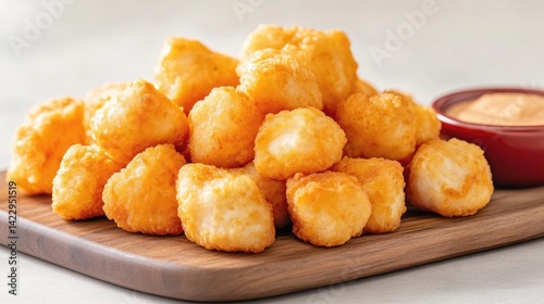 Golden brown fried cheese curds piled on a wooden serving board next to a small bowl of dipping sauce.