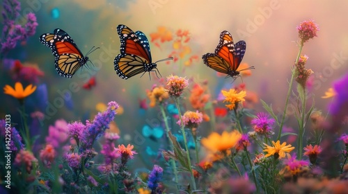 Monarch butterflies flit among vibrant wildflowers