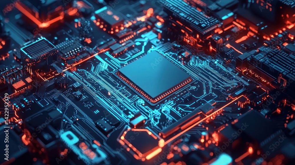 Fototapeta premium Abstract Circuit Board: Neon Glow, Technological Marvel