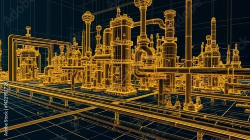 Industrial Plant Engineering Wireframe Model Design Pipes Machinery