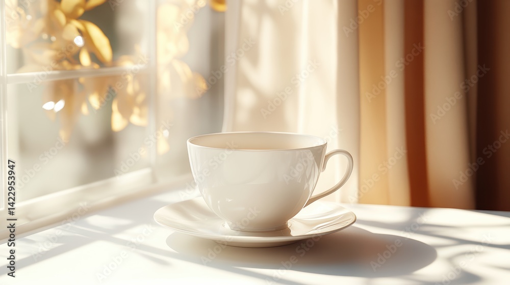 A front-facing shot of a white porcelain teacup and saucer on a clean white table, illuminated by soft natural light A front-facing shot of a white porcelain teacup and saucer on a clean white table, illuminated by soft natural light