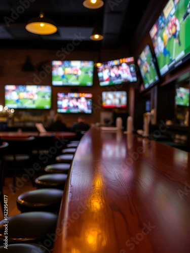 Empty wooden counter in sports bar or pub with blurred TV displays with sporting events at the bar background