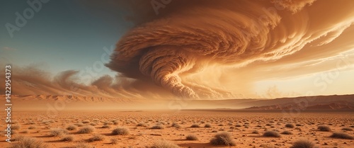 Desert wasteland with swirling dust storms wide angle panoramic view horizontal symmetric background