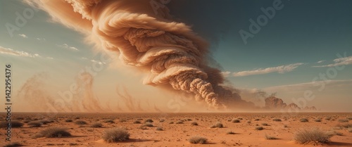 Desert wasteland with swirling dust storms wide angle panoramic view horizontal symmetric background