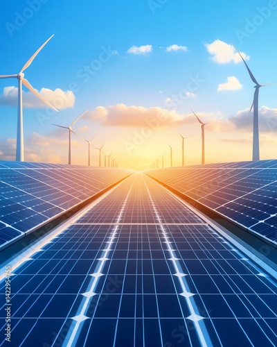 A stunning view of solar panels stretching towards the horizon, with wind turbines in the background under a bright blue sky at sunset.