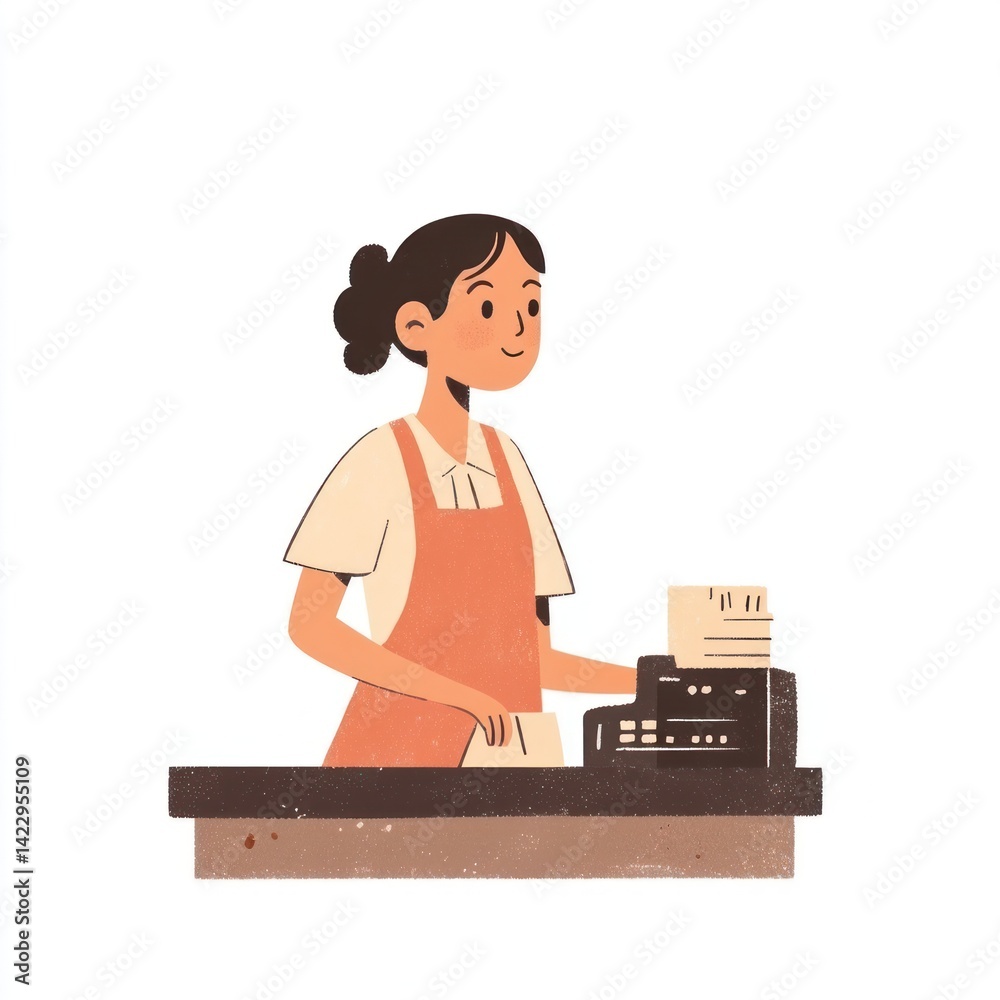 Woman cashier with apron illustration register counter. Woman cashier with apron illustration register counter.
